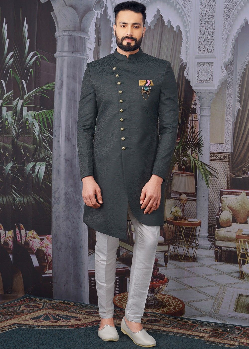 Buy Ivory Sherwani with Peach Thread Work and Mirror Work Paired with Ivory  Raw Silk Pants by Designer SAWAN GANDHI MEN Online at Ogaancom