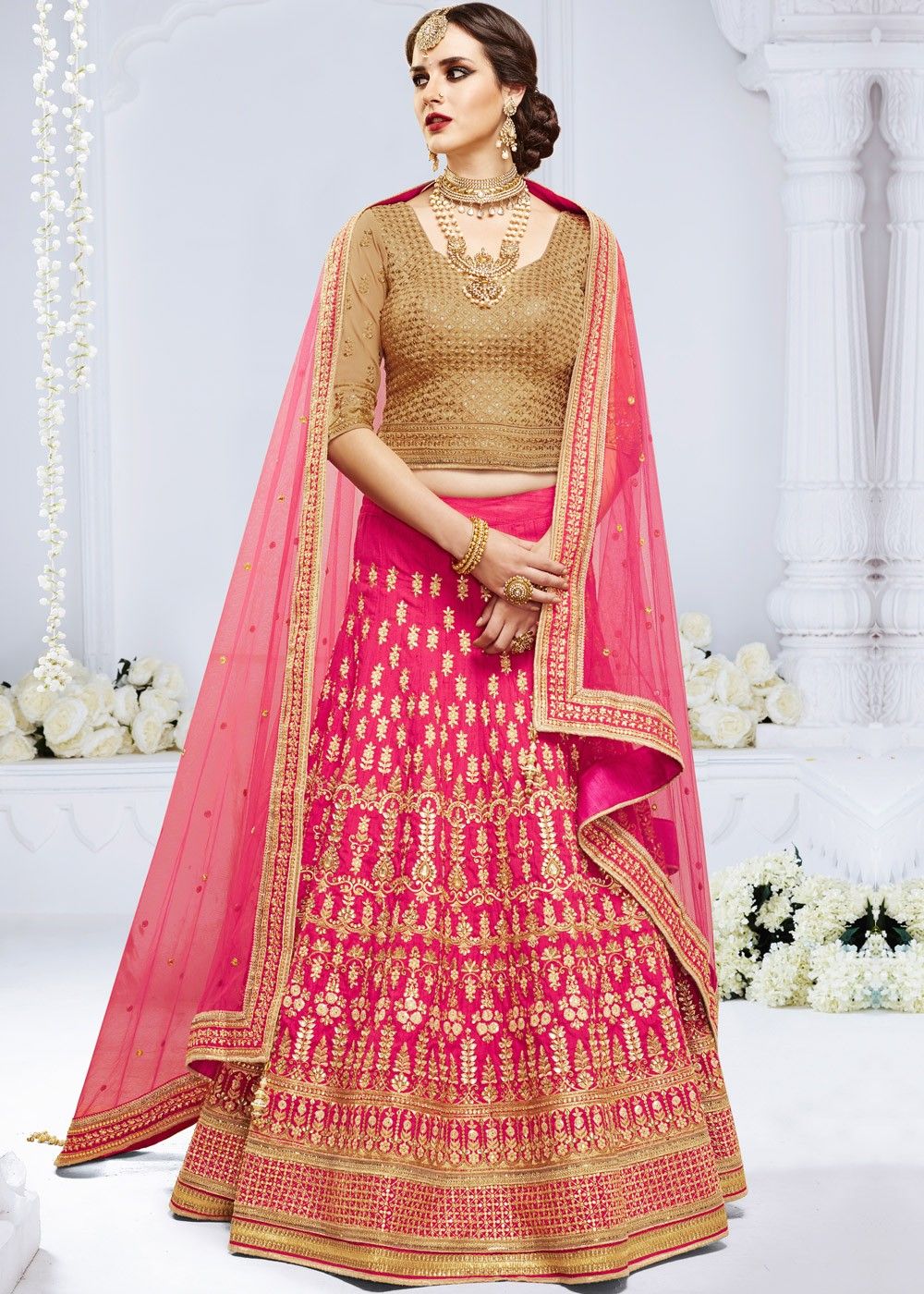 Buy Magenta Pink Lehenga Choli In Raw Silk With Golden Zari And Colorful  Resham Embroidered Morroccan And Floral Border And Buttis Online - Kalki  Fashion