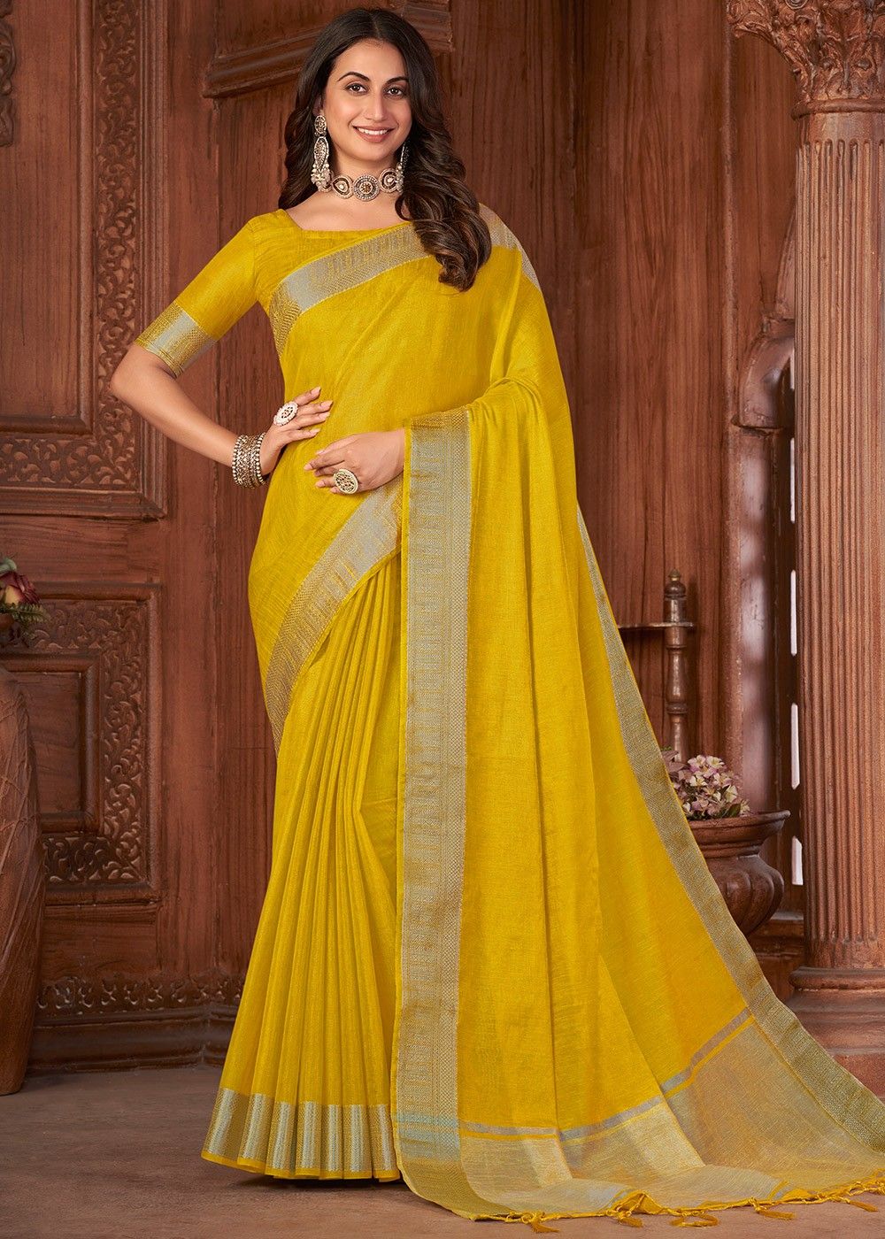 Yellow Woven Pure Silk Cotton Maheshwari Saree | Taneira-atpcosmetics.com.vn