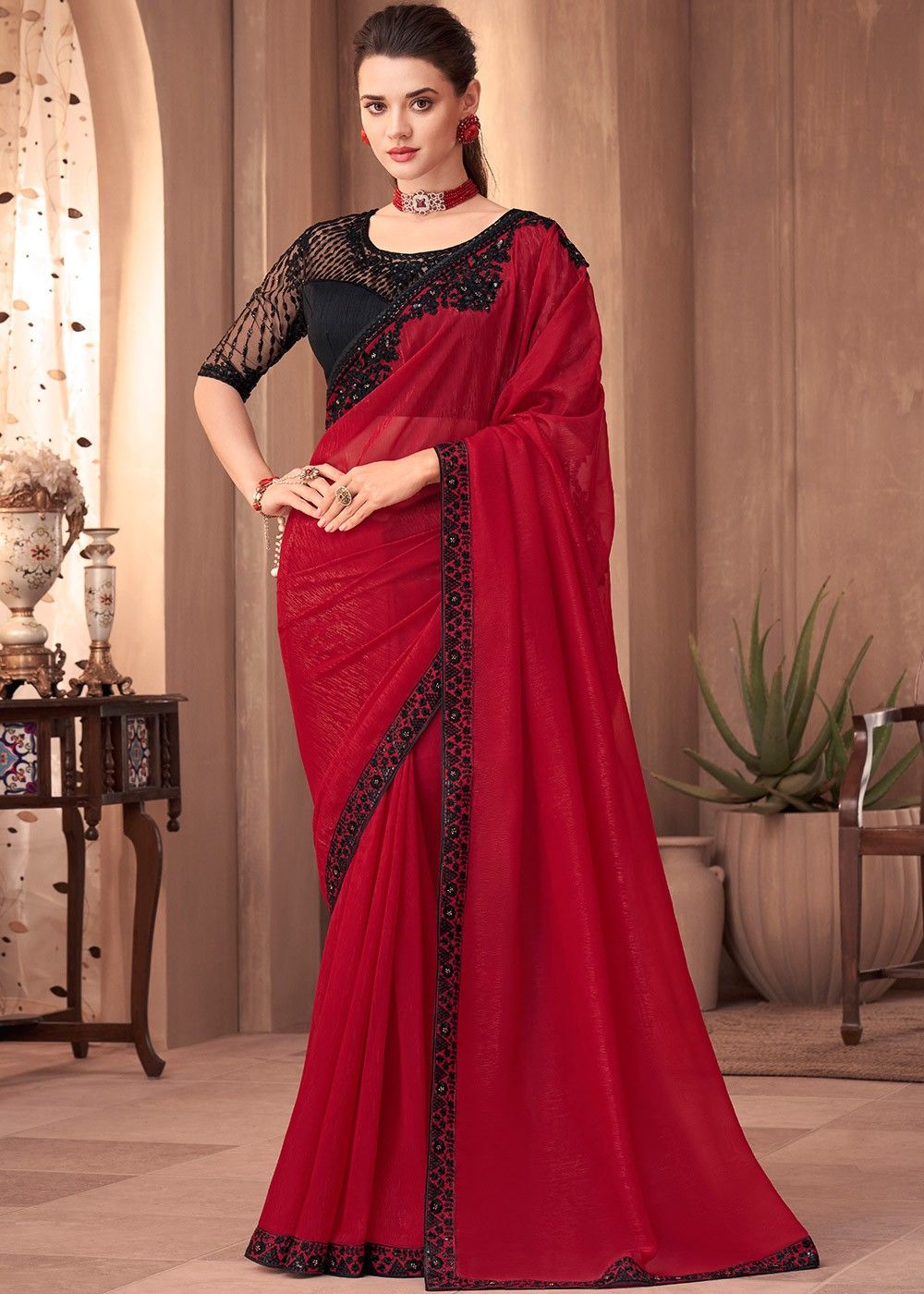 Ruby Red & Black Tissue Linen Saree – Thearyavart-hancorp34.com.vn