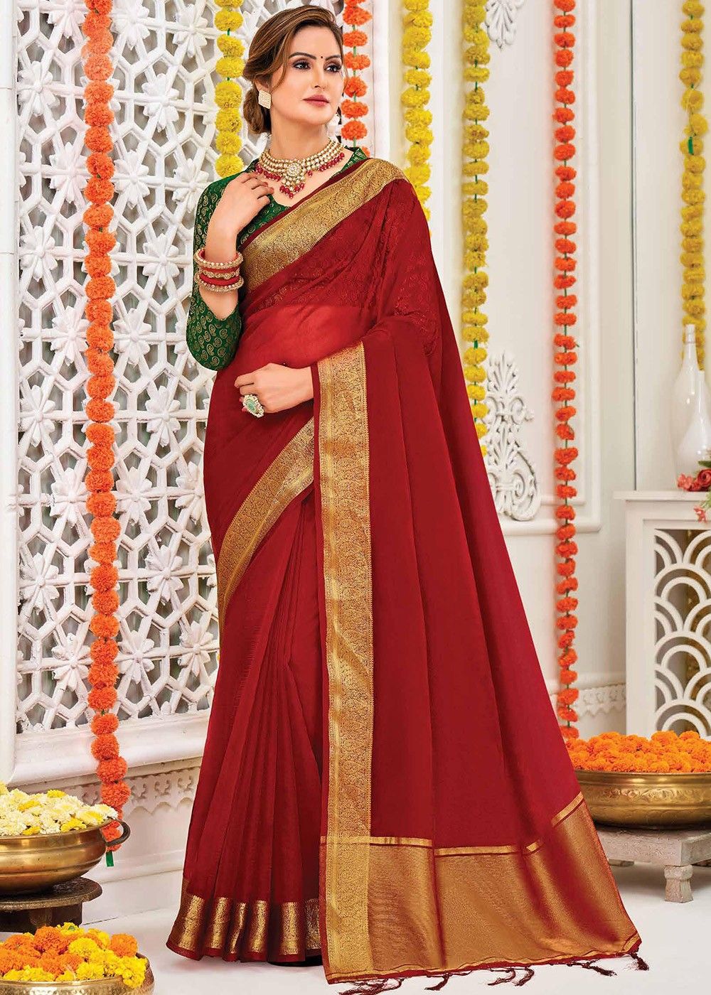 Buy Women Maroon Sequin Embroidered Pre-Stitched Saree Set With Sleeveless  Blouse - Wedding Wonder - Indya