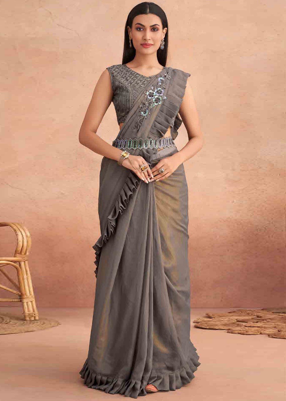 Buy Brown Sequins Art Silk Designer Lehenga Style Saree Online