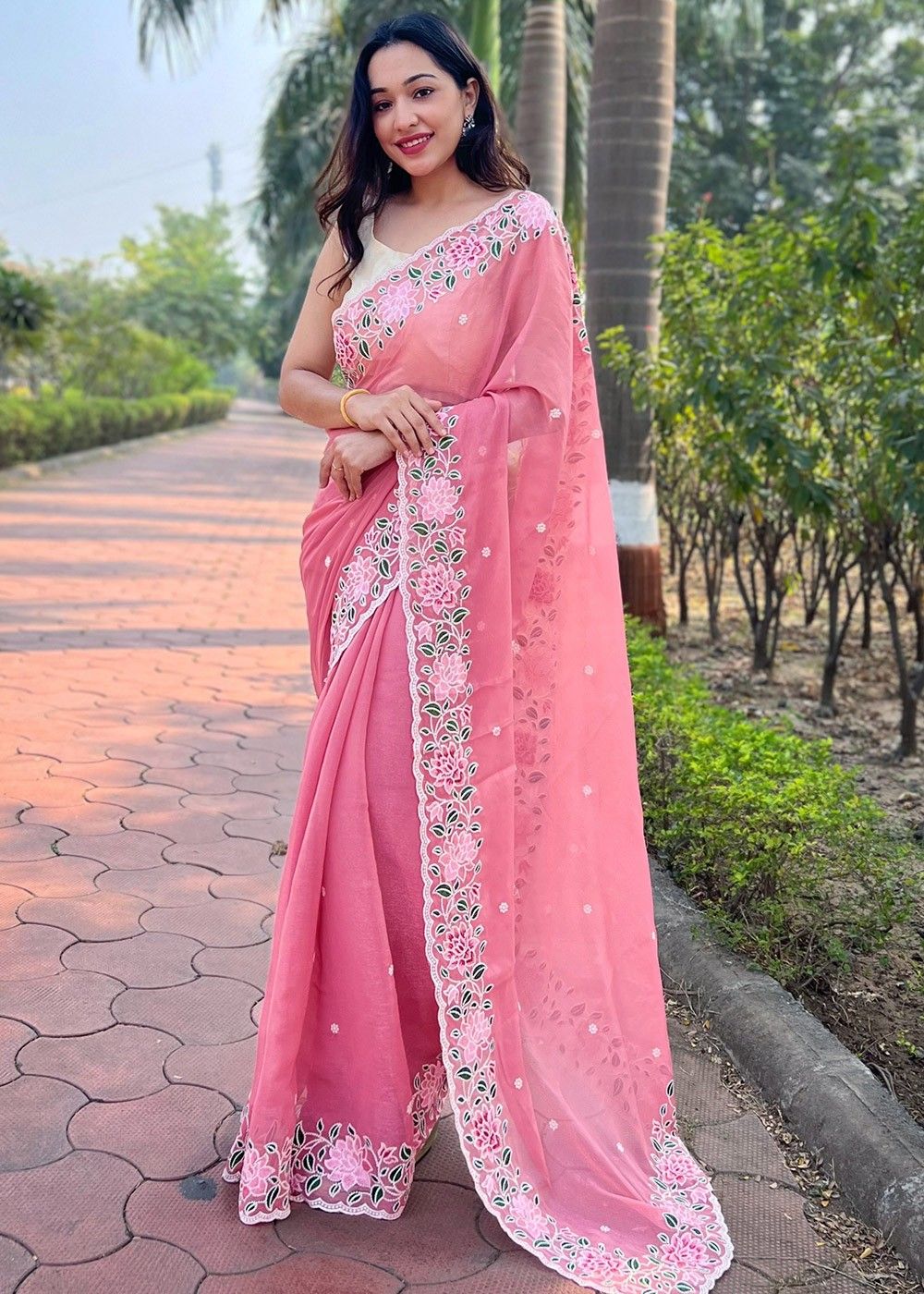 Pink Chiffon Saree With Heavy Border 5187SR05