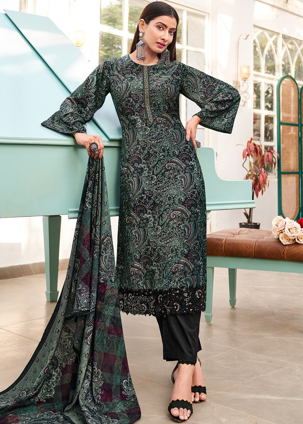 Buy Black Printed Suit Set Online - RK India Store View