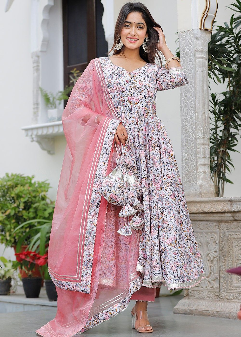 Grey with Pink Multicolor Floral Print, Mirror and Thread work