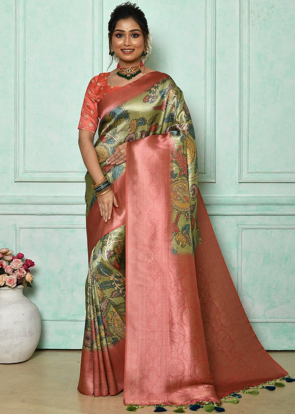 Pure Gadwal Silk Pen Kalamkari Designed Floral Printed Sarees
