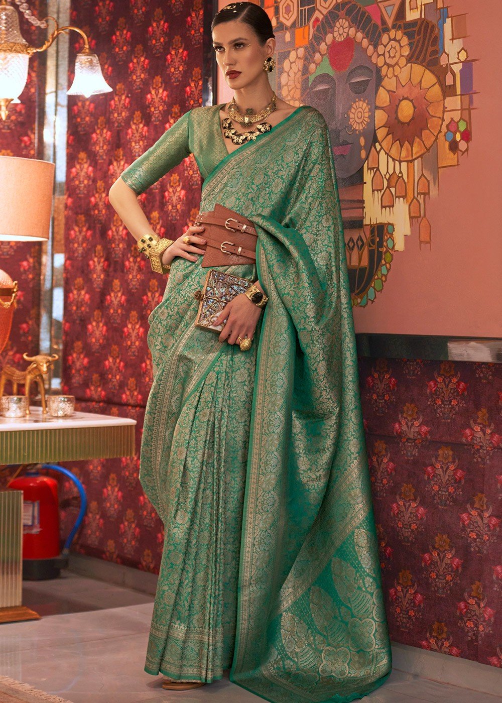 Pistachio Green Woven Traditional Silk Saree With Heavy