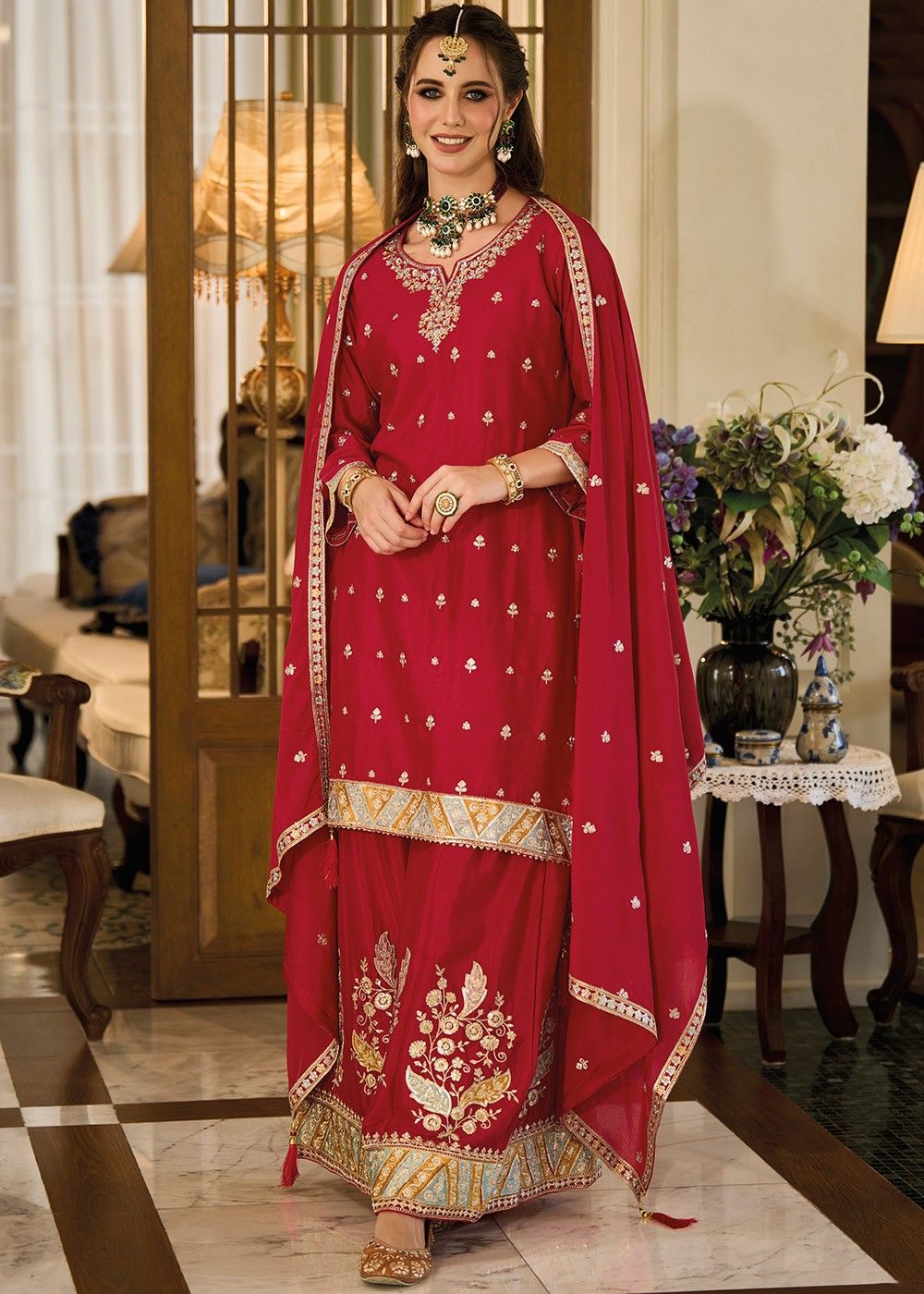 Buy Women Red Flared Suit Set With Chiffon Dupatta - Colourful Threads