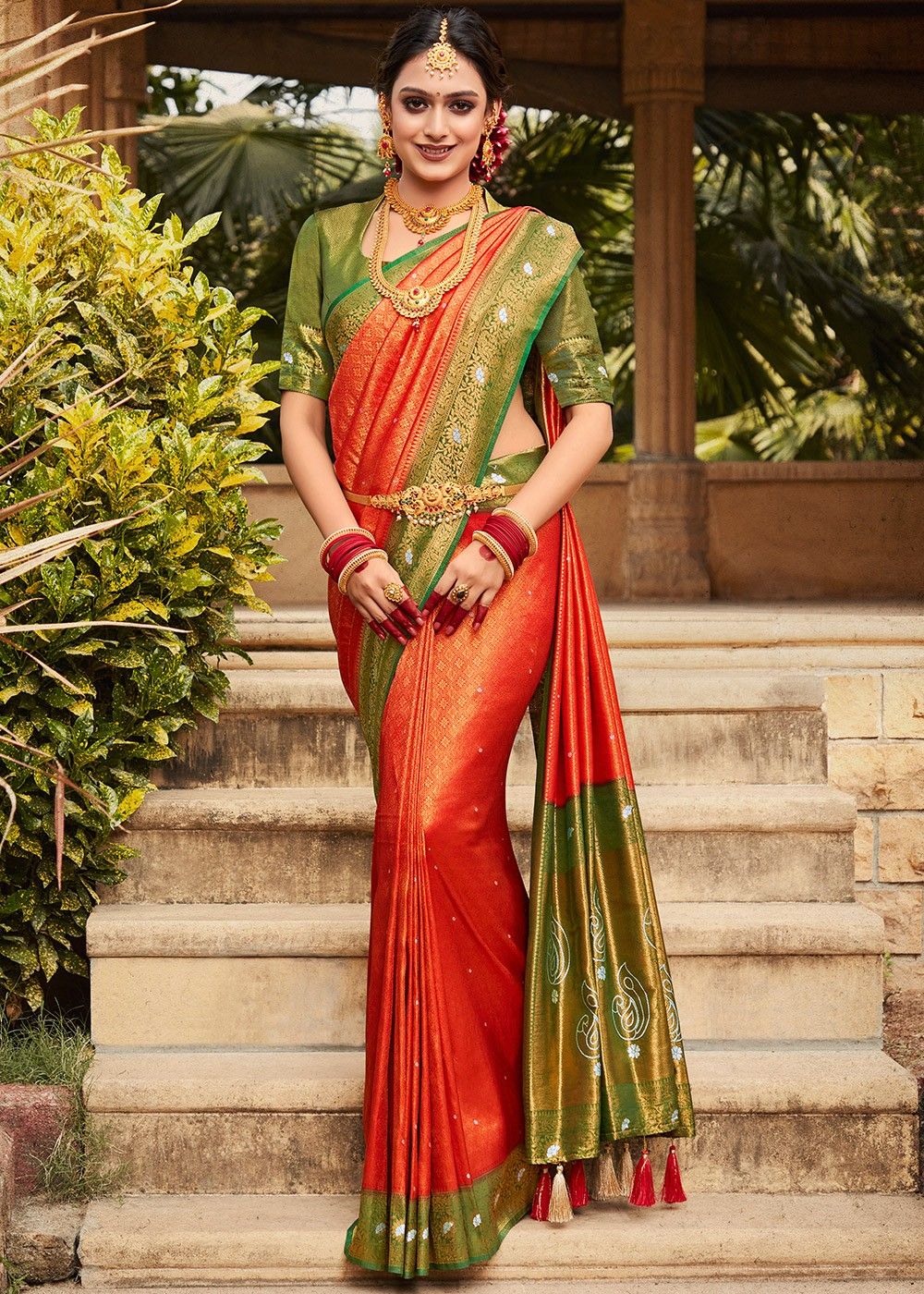 Stunning Orange Saree With Dark Green Border And Blouse Banarasi Beaut –  garment villa