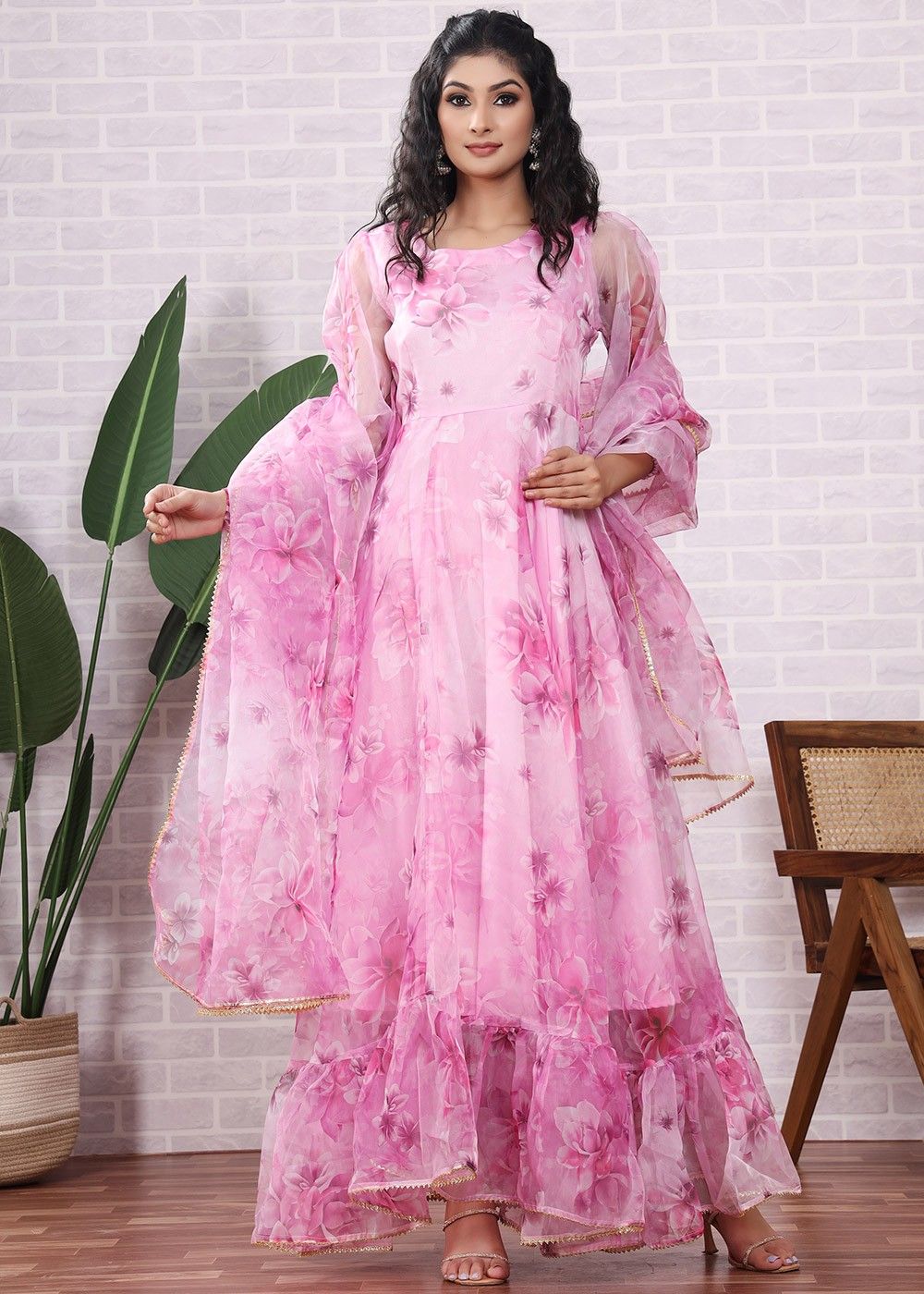 Pink Net Embroidery Work anarkali suit with Nazneen Dupatta - AS2968