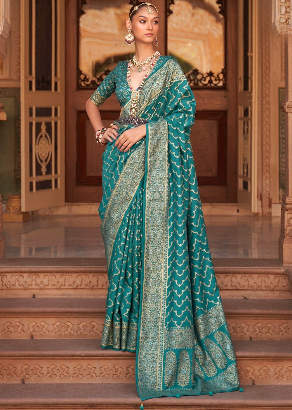 Mint Green Handwoven Banarasi Saree Set Design by Neha & Tarun at Pernia's  Pop Up Shop 2024