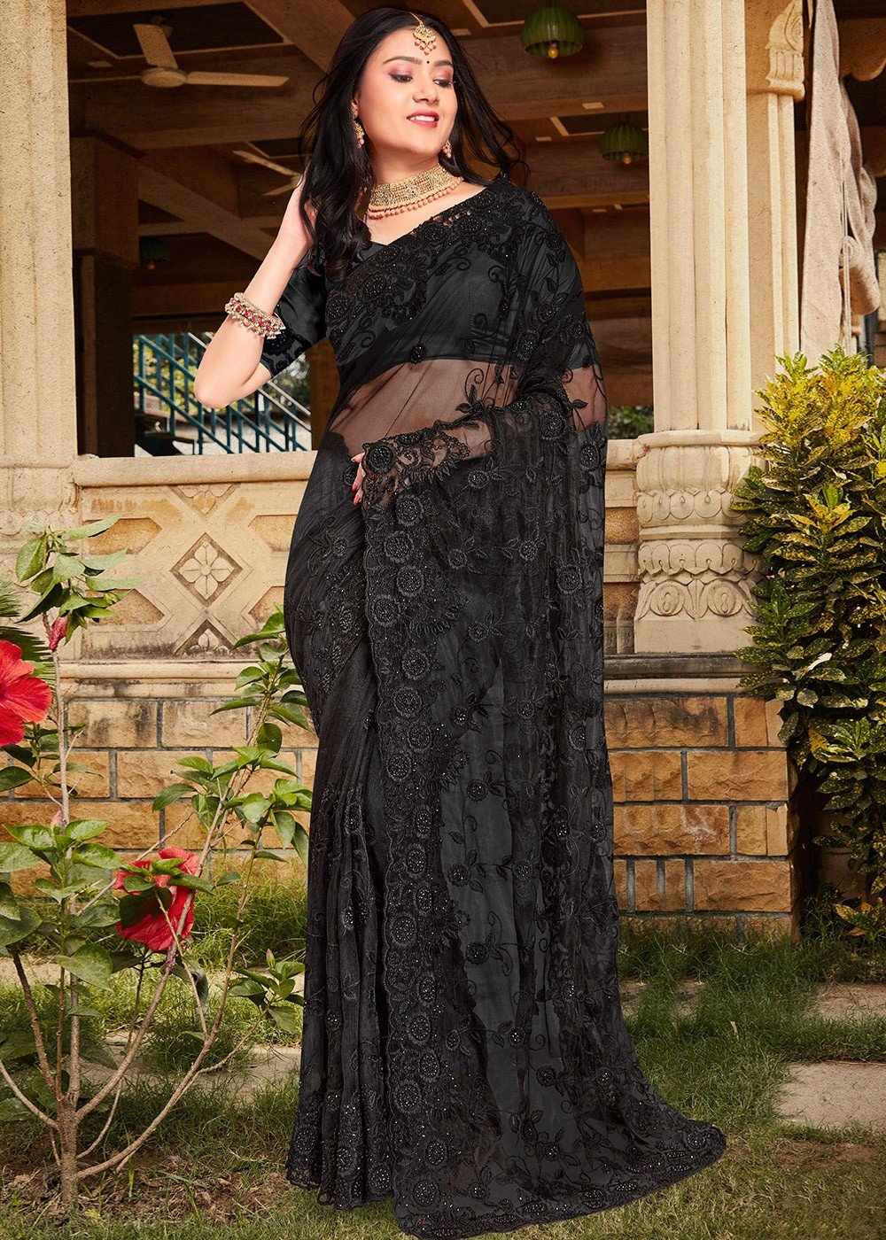 Stunning Black Net Embroidered Saree with Blouse –