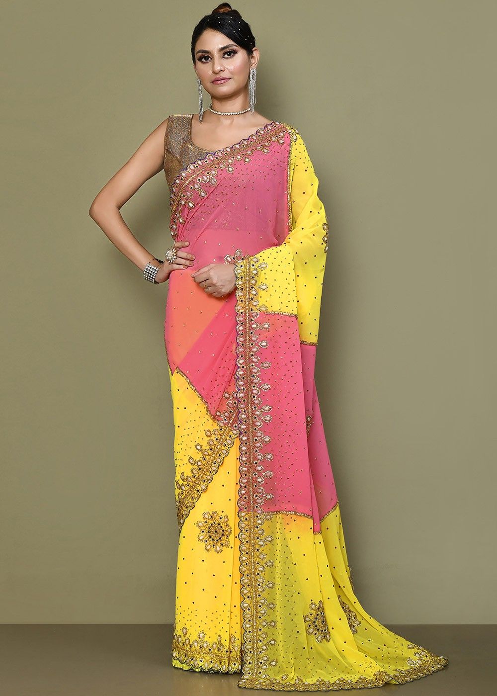 Buy Cream Ready Pleated Saree With Multi Colored Floral Hand Work On The  Blouse
