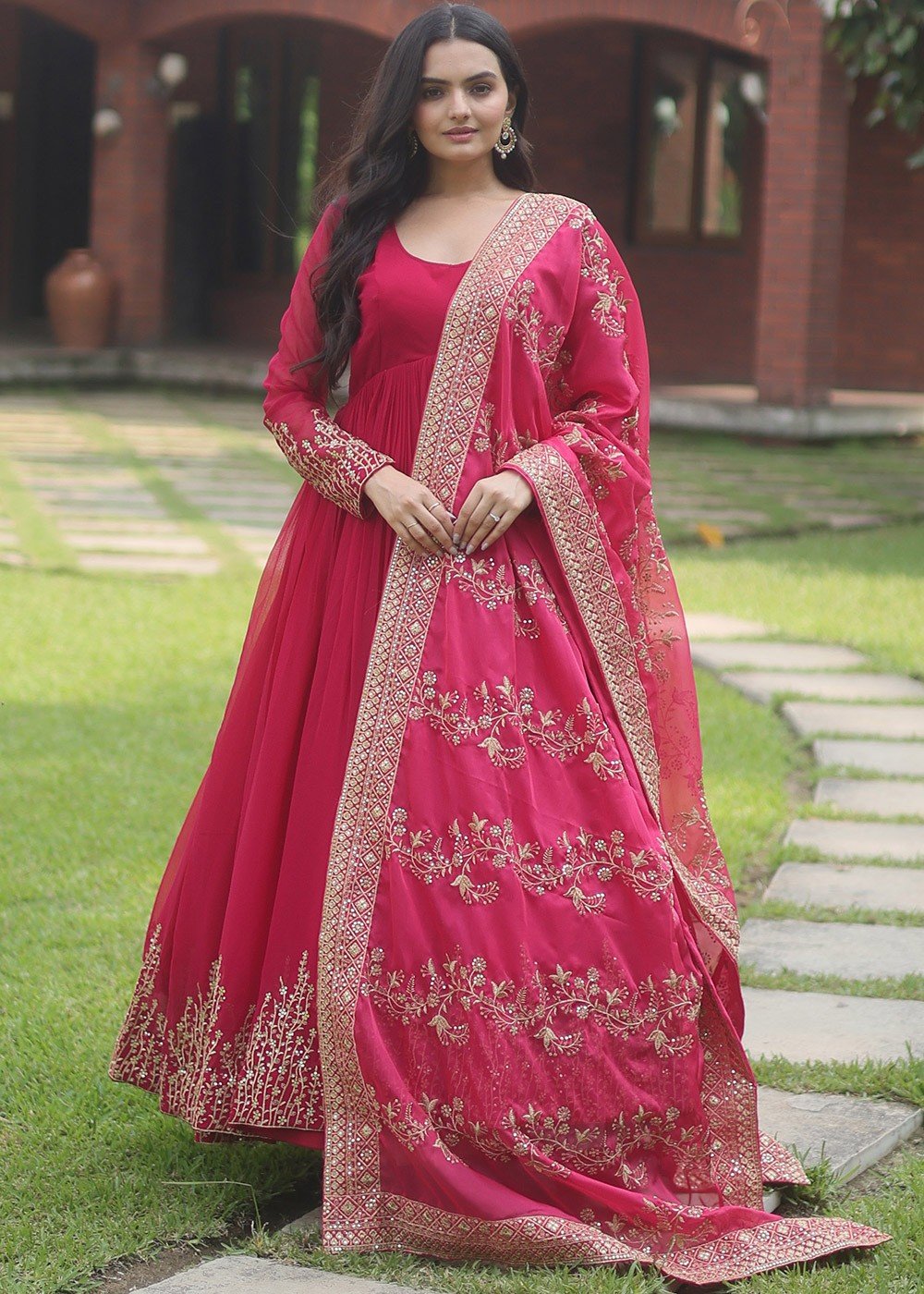 Pink Sequined Readymade Georgette Anarkali Suit