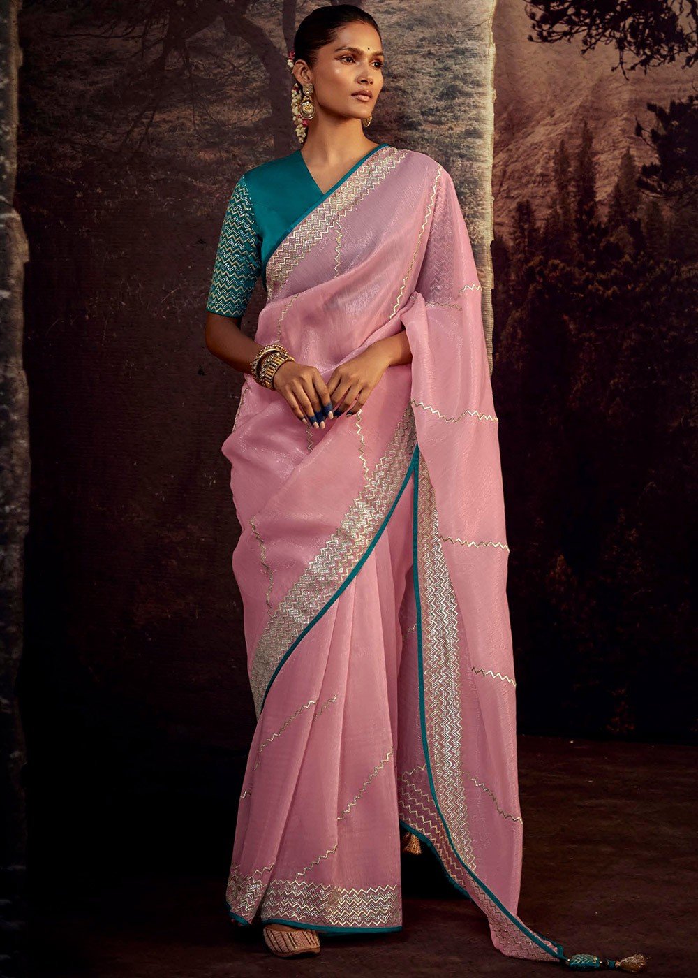 Peach Pink Art Silk Saree Sari Fabric India Golden Border