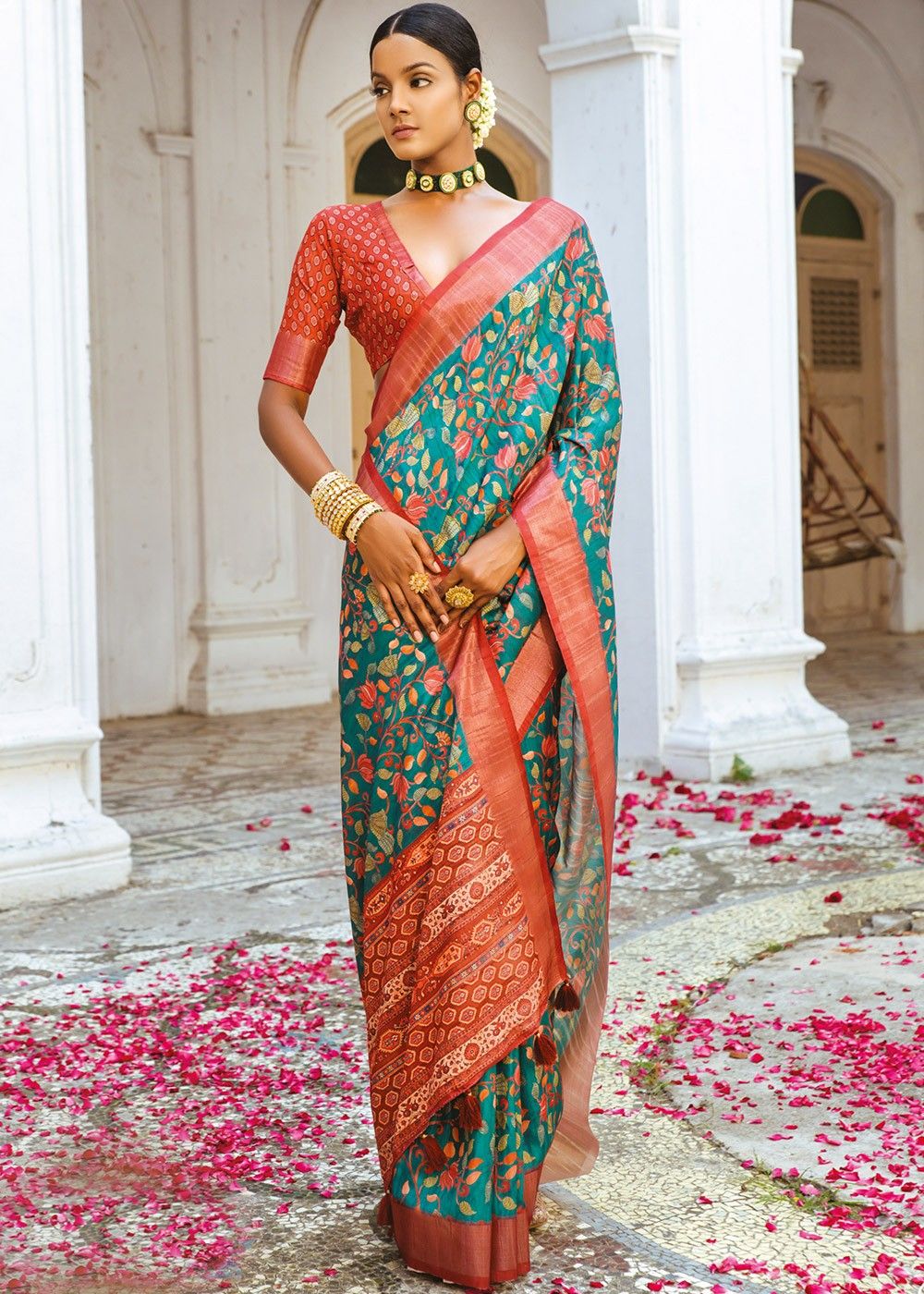Island Blue Art Silk Saree Sari Fabric India Golden Border