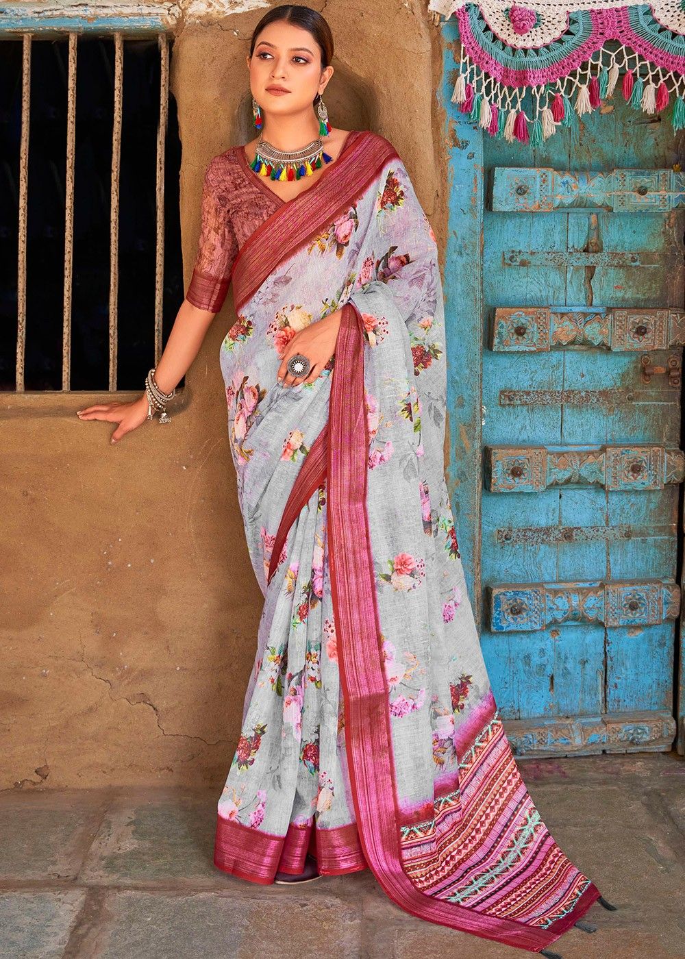 Buy Black Linen Saree With Silver Readymade Stitched Blouse KALKI Fashion  India