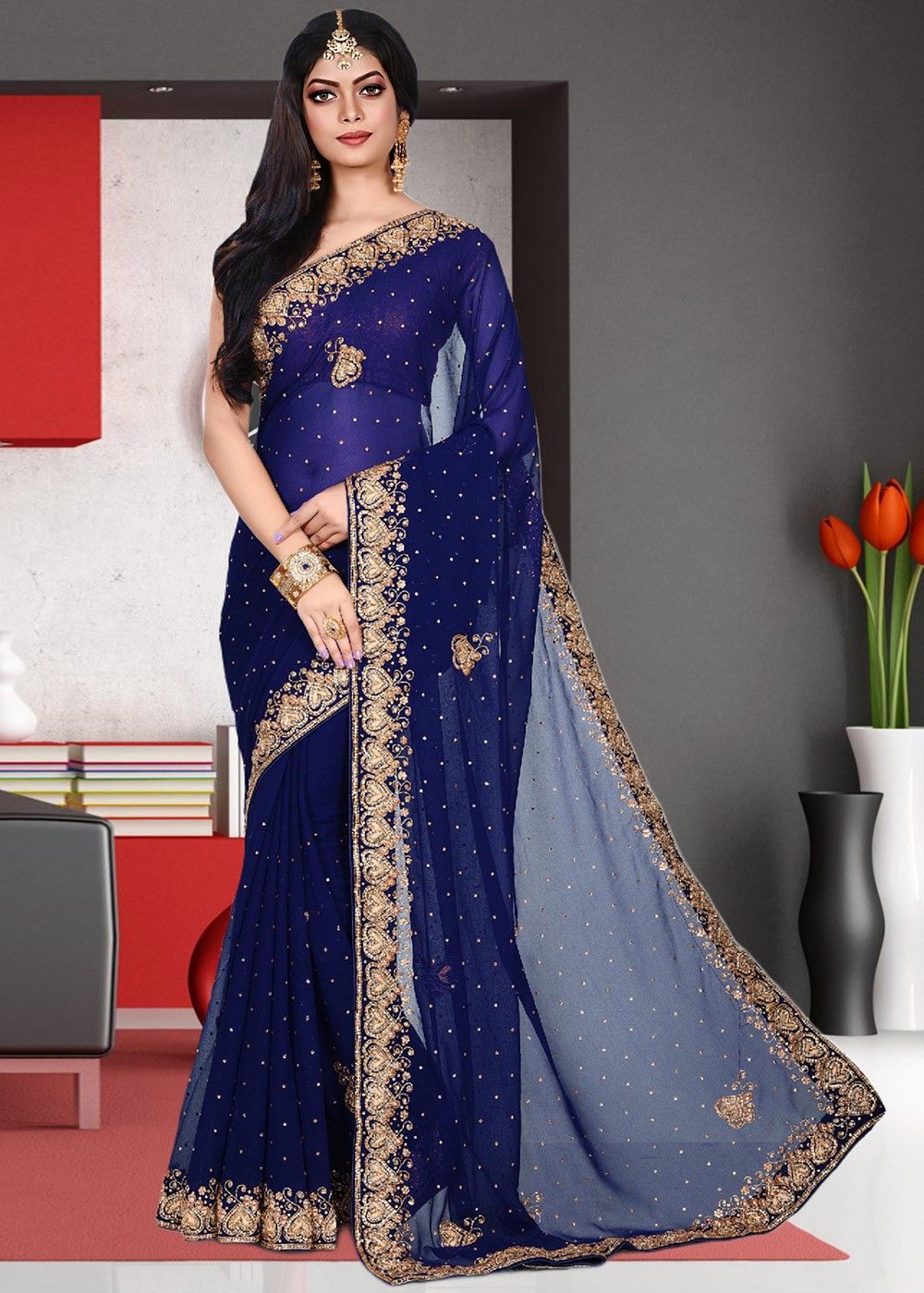 Buy Purple Organza Silk Embroidery Work Saree With Blouse