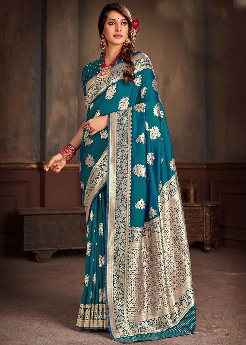 Traditional Wedding Wear Teal Color Jacquard Work Smooth Silk Plus Size  Saree - 7082174205