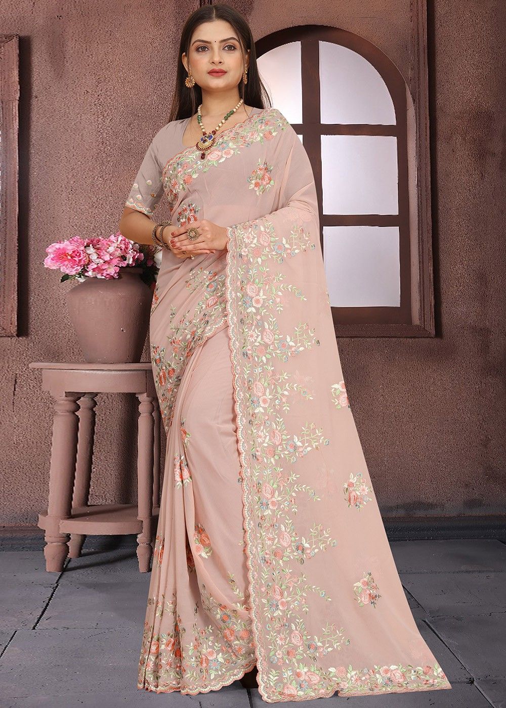 Coral Peach Silk Saree with Contrast Blouse | Peach color saree, Silk sarees  online shopping, Orange saree