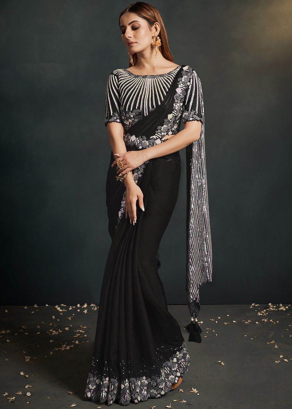 Buy Black Georgette Embroidery Cutdana Pre-stitched Saree With Blouse For  Women by Quench A Thirst Online at Aza Fashions.