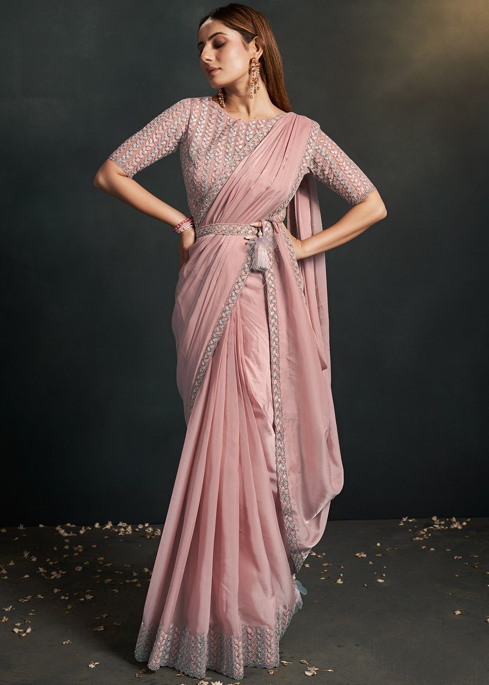 Pink Saree in Georgette With Stitched Blouse for Girls and Women