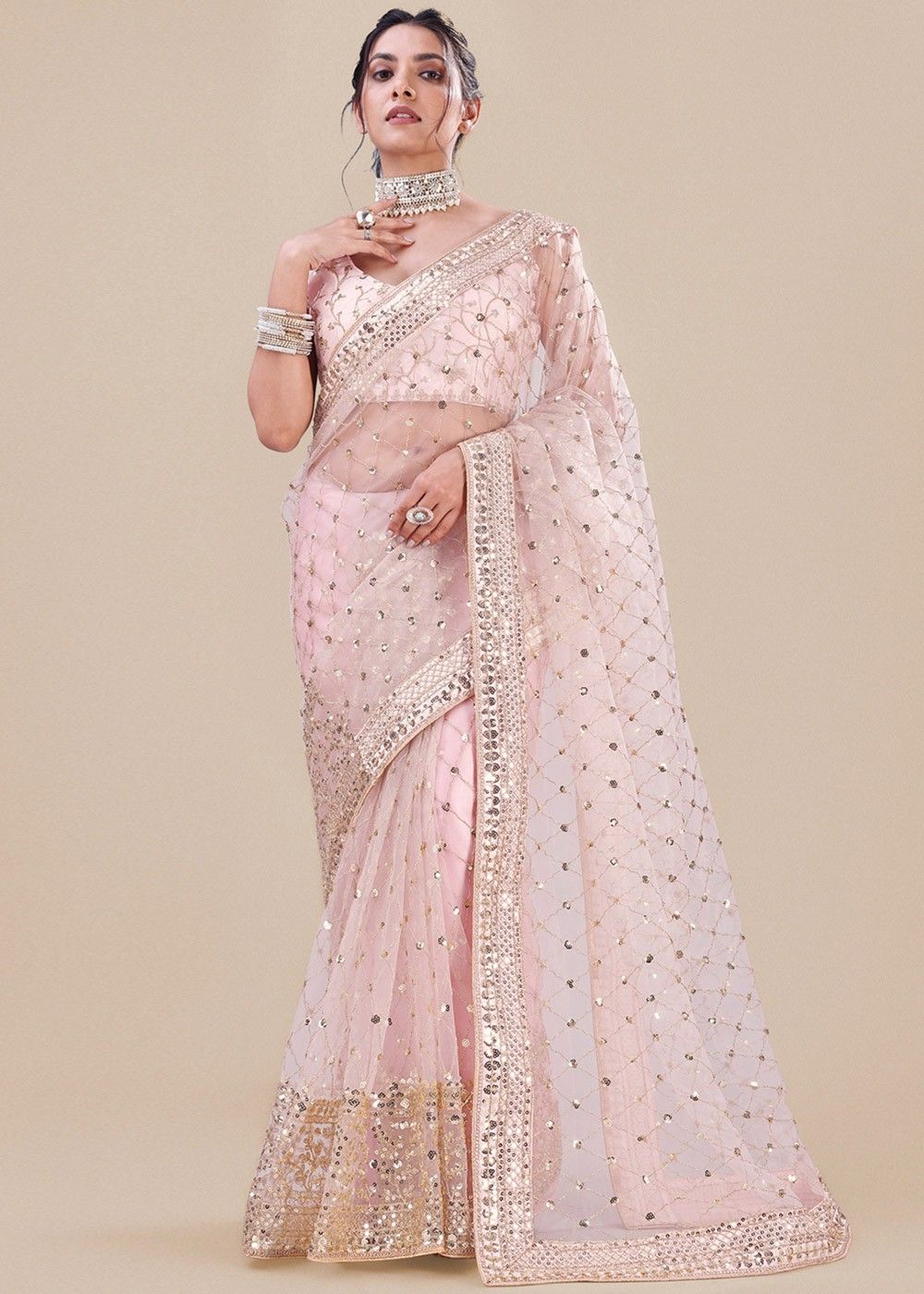 Pink Embellished Net Saree & Blouse Latest 5585SR04