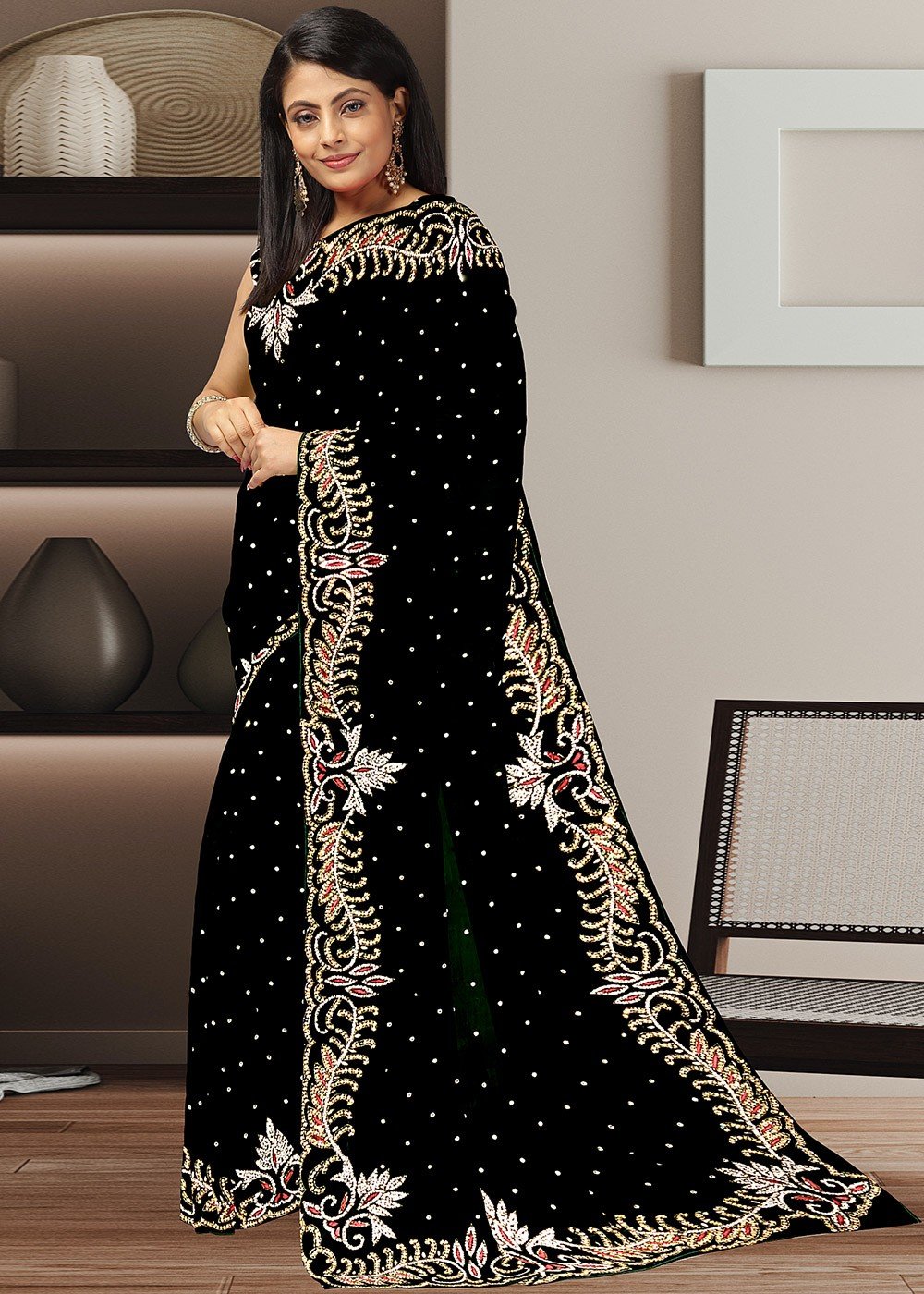 Buy Women Black Thread Embroidered Mesh Saree Set With Stitched Blouse -  Black Beauty - Indya