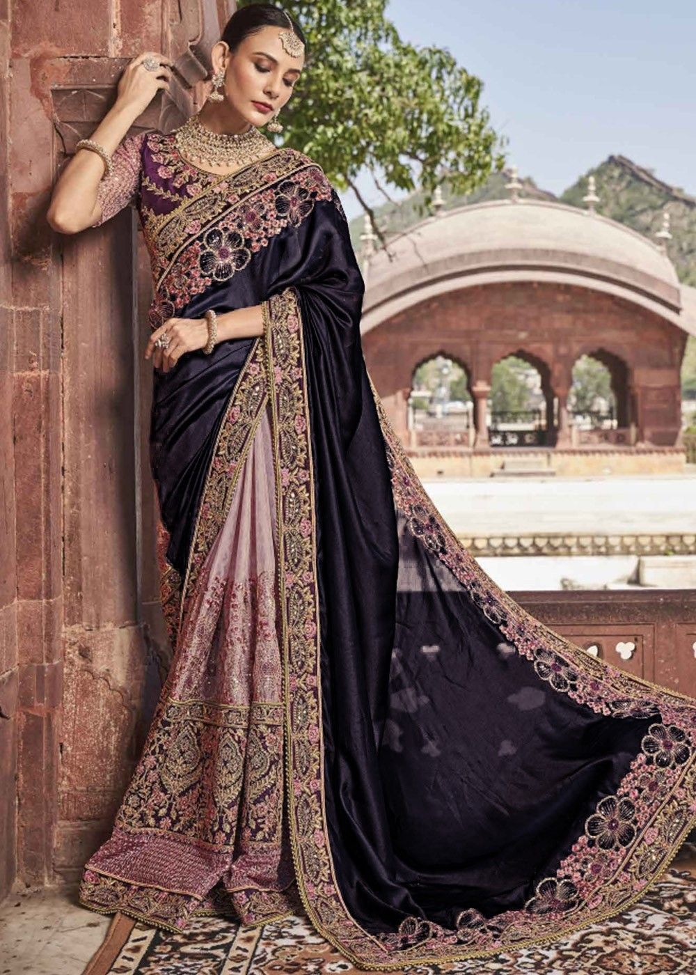 Pink & Black Half n Half Saree Bollywood Party Wear Designer Sari | eBay