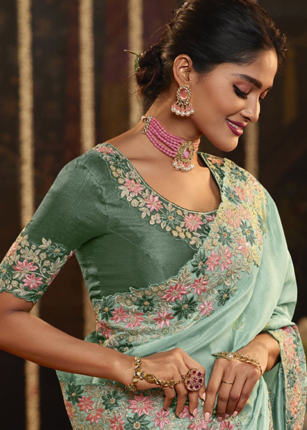Silk Green Saree in Embroidered,lace - SR23275