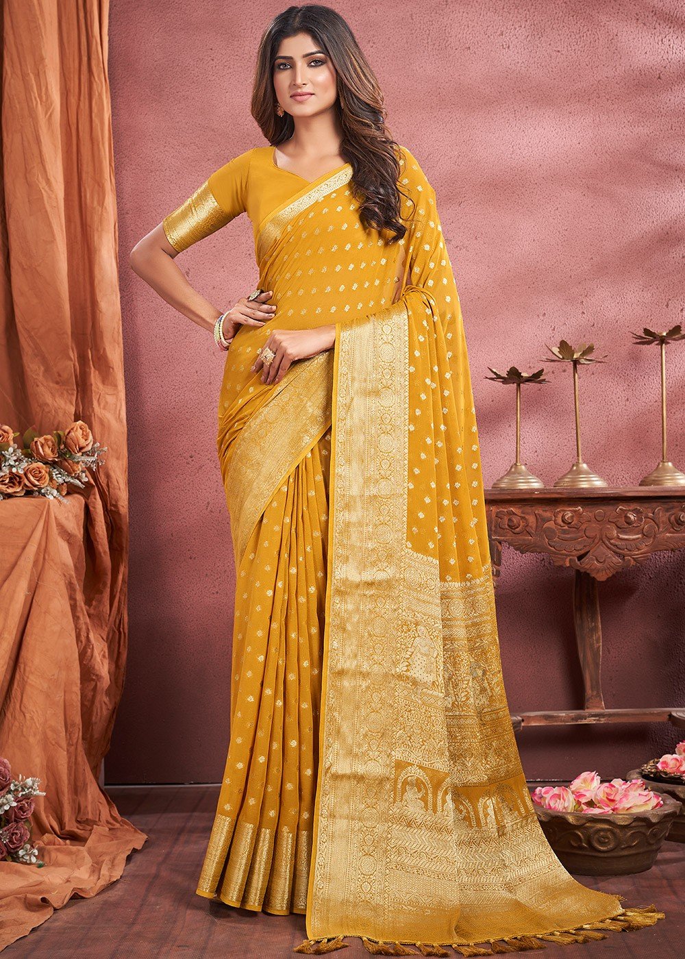 Yellow Designer Silk Saree With Contrast Pink Blouse | Kolour