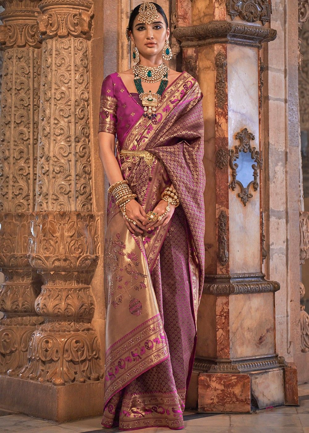 Dark Purple & Pink Maheshwari Saree with Flower Bootis all over – Roots  Handloom