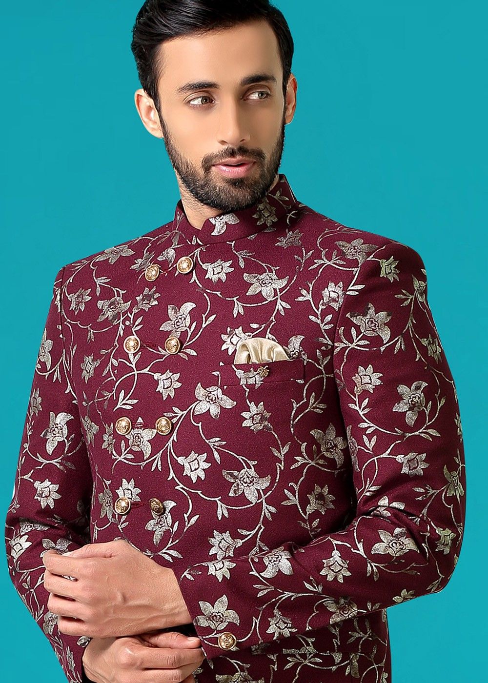 Imported Floral Printed Jodhpuri Suit in Onion Pink