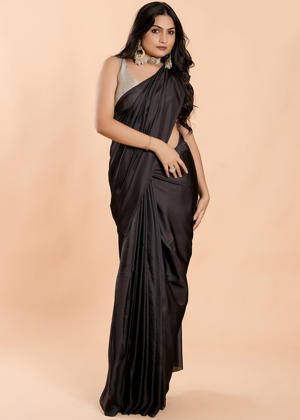 Buy Black Satin Silk Saree - Stitched Blouse online-Karagiri