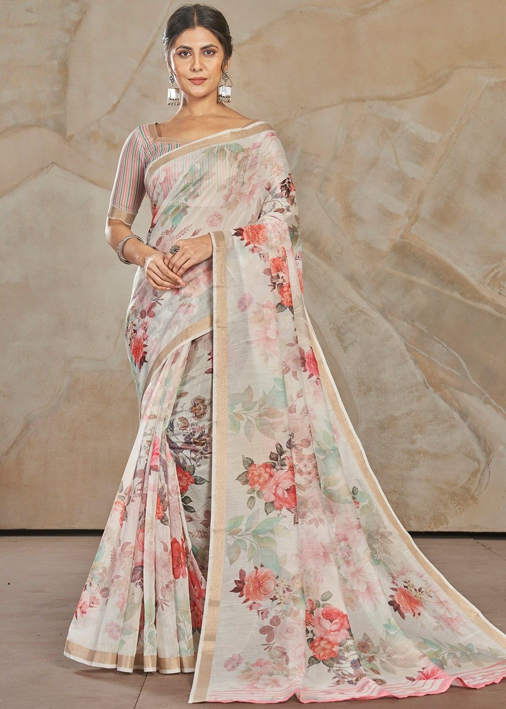 Best Price Floral Print Saree in Cotton Light Pink color | SARV157884