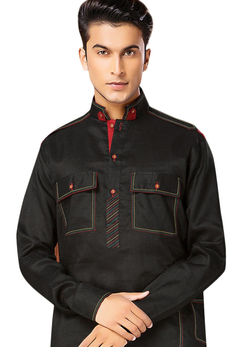 Black Cotton Pathani Suit 231066