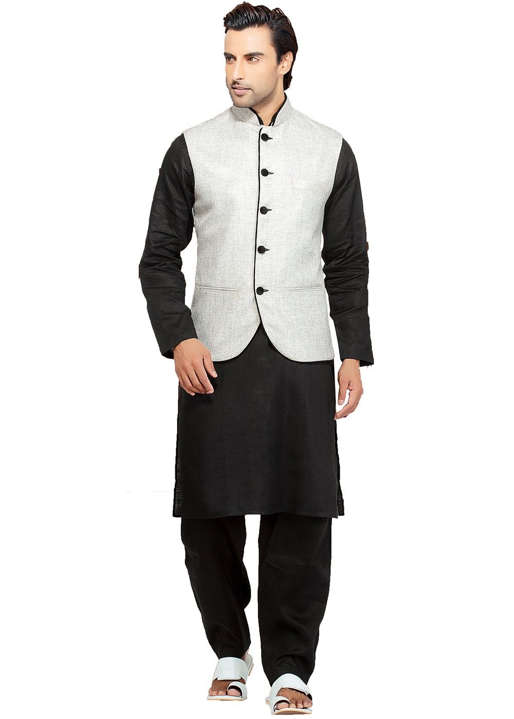 White Linen Pathani Suit Set With Nehru Jacket | lupon.gov.ph
