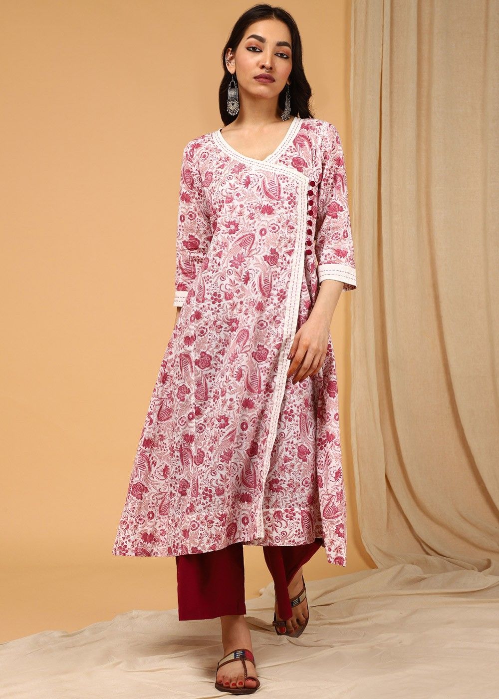 Buy Jaipur Kurti Angrakha Style Printed Pink And Grey Long Flared Kurta  online-iangel.vn