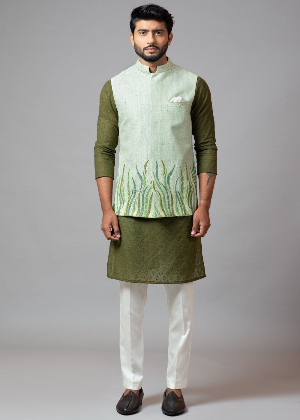 Pista Green Kurta Pajama with Nehru Jacket - My Ethnic Rentals