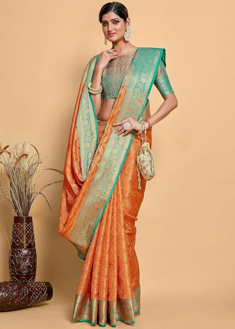 Coral Orange Woven Kanjivaram Saree:Limited Edition - Cloths