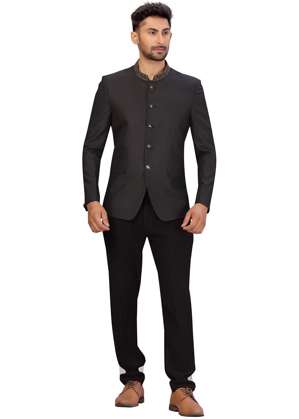 Black plain cotton bandhgala-suit - TAHVO - 3555948