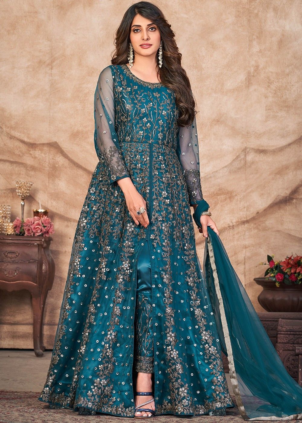 Teal Blue Stone Embellished Georgette Palazzo Suit 6020SL01