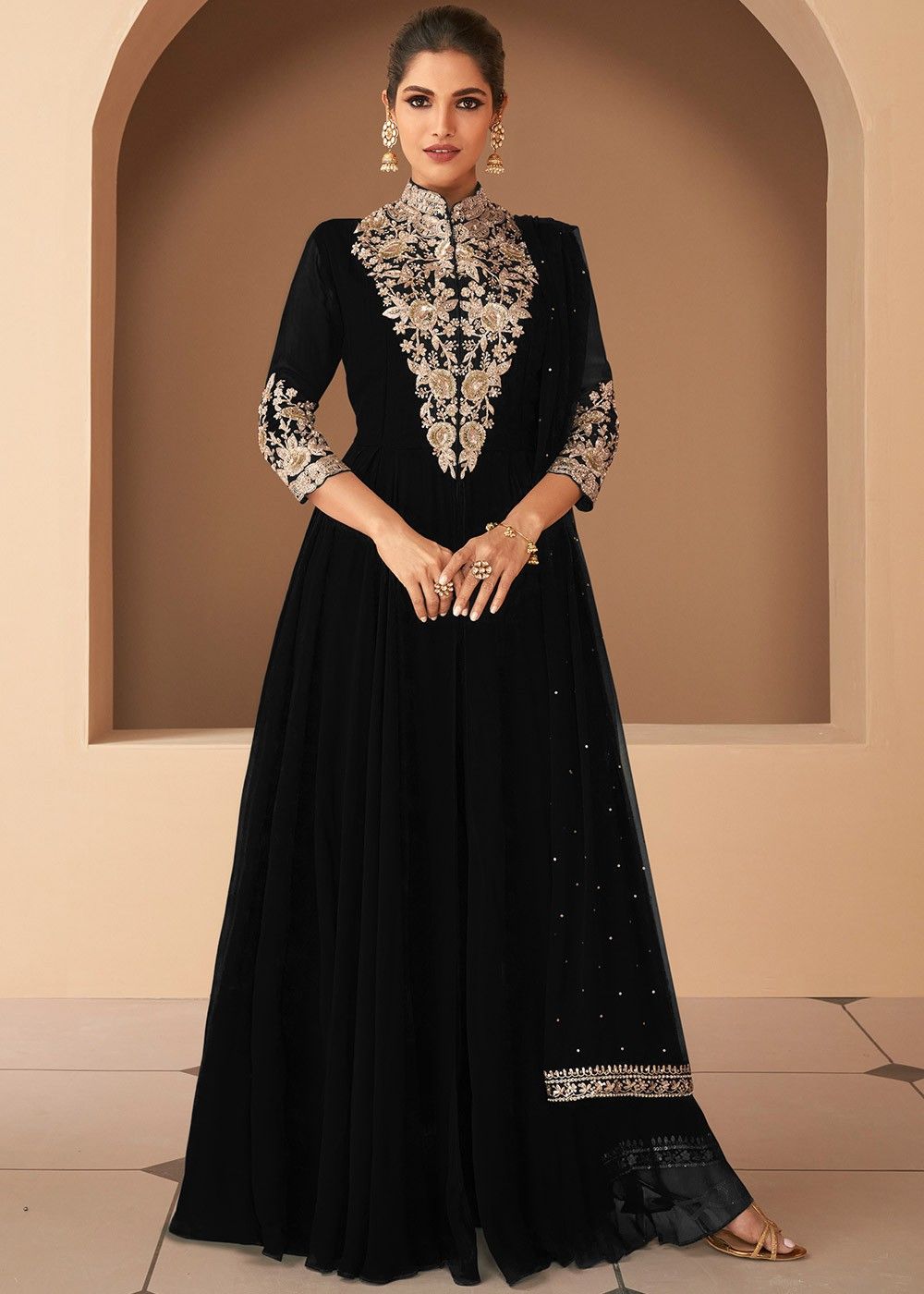 Black Georgette Embroidered Front Slit Readymade Pant Suit Latest 6019SL04