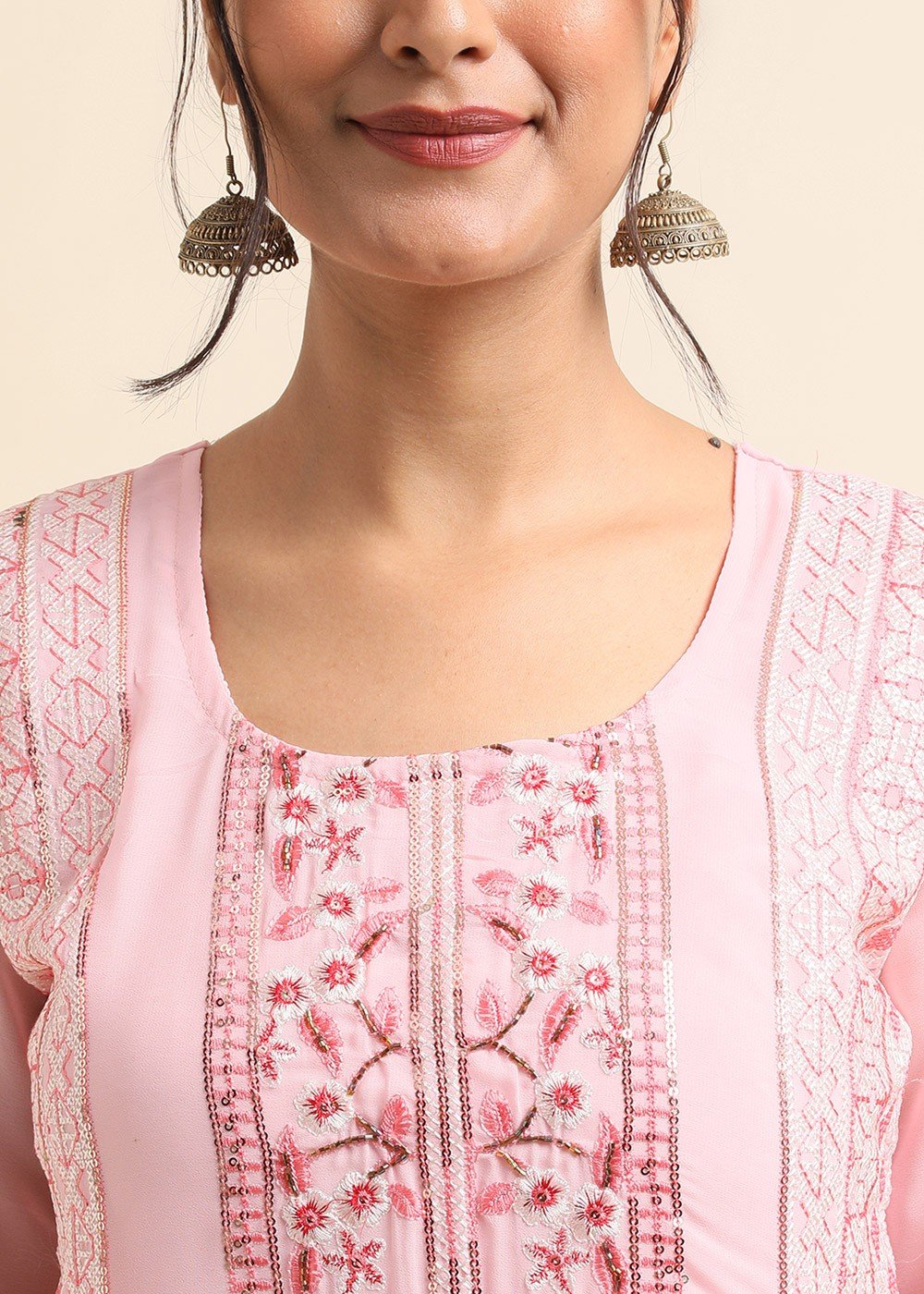 Pink Embroidered Pant Suit Set In Georgette