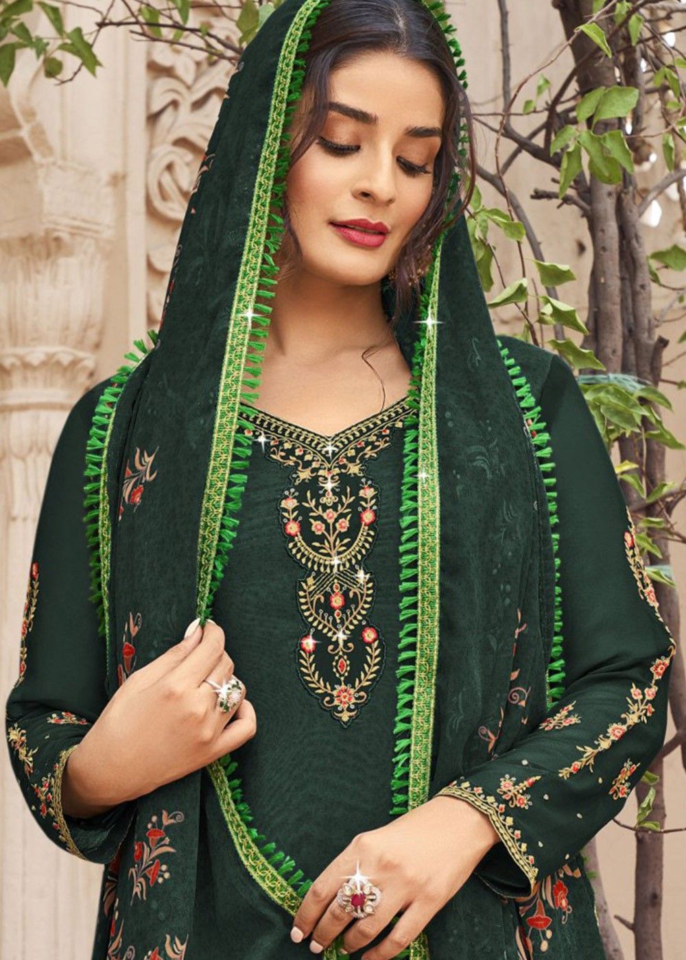 Green Mirror Embroidered Punjabi Suit In Art Silk 4334SL02