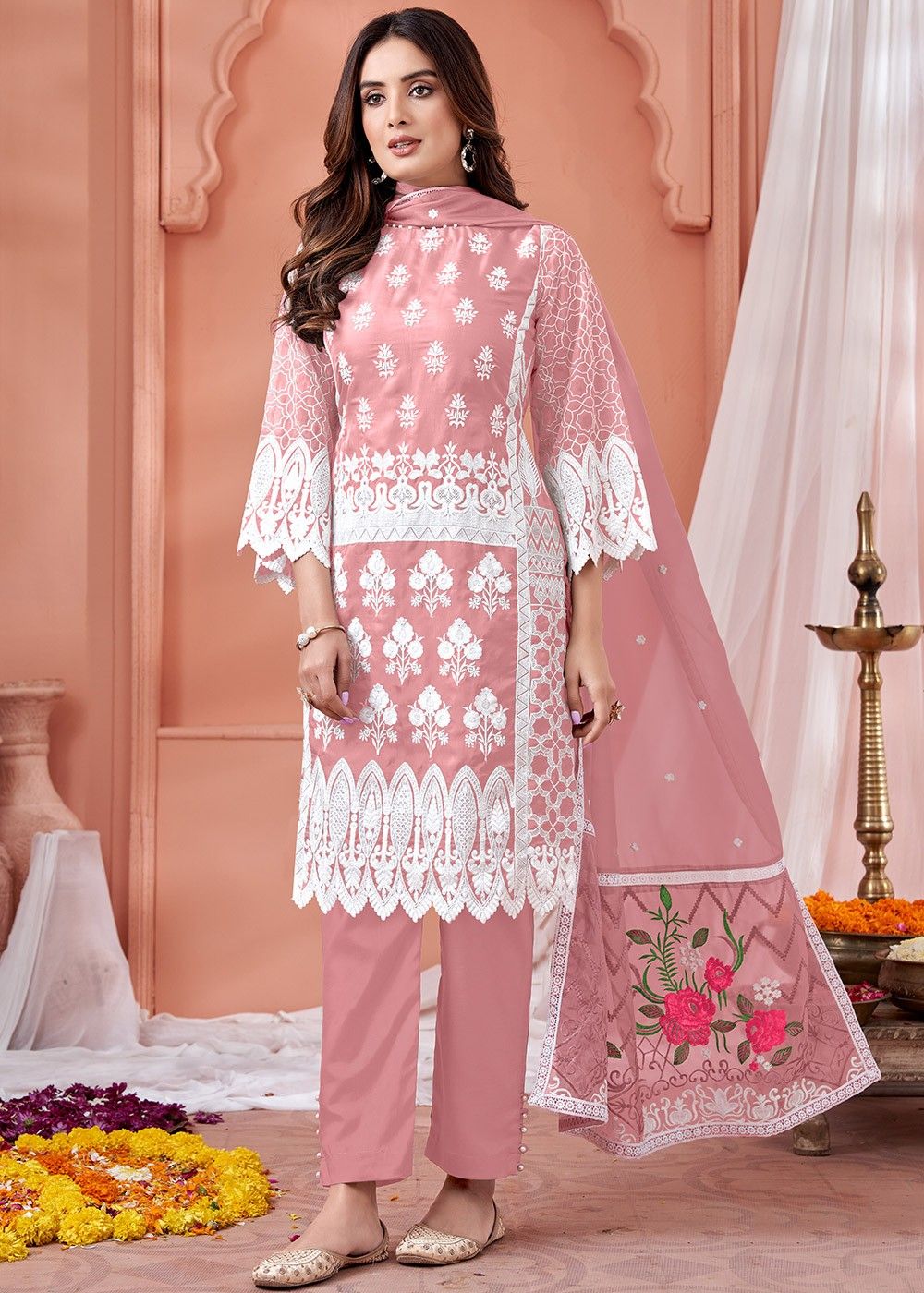 Shop Online Faux Georgette Pink Embroidered Pant Style Suit : 186801 