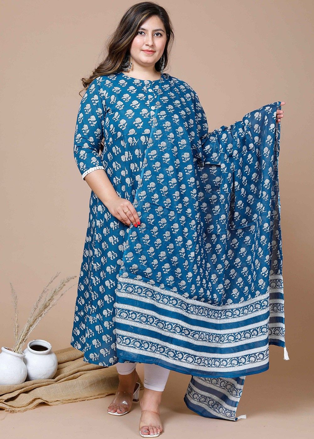 Blue Block Printed Anarkali Style Suit In Cotton 6055SL01