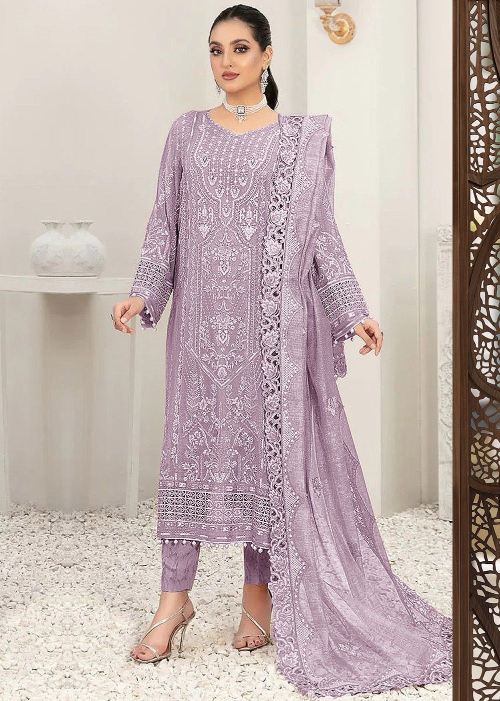 Buy Salwar Kameez | Grey And Golden Floral Embroidery Pakistani Pant Suit  At Hatkay