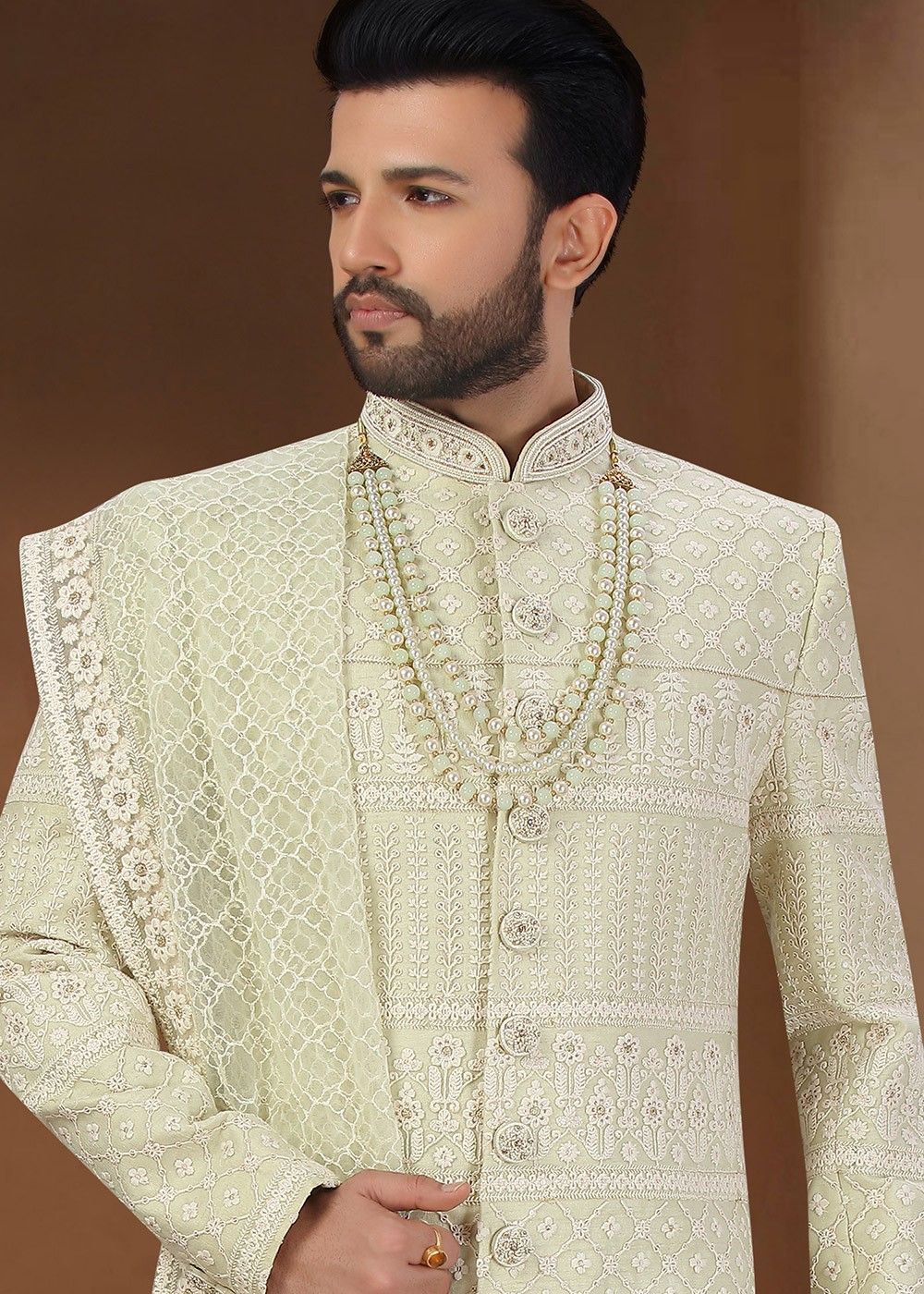 Green Embroidered Groom Readymade Sherwani with Stole 625MW33