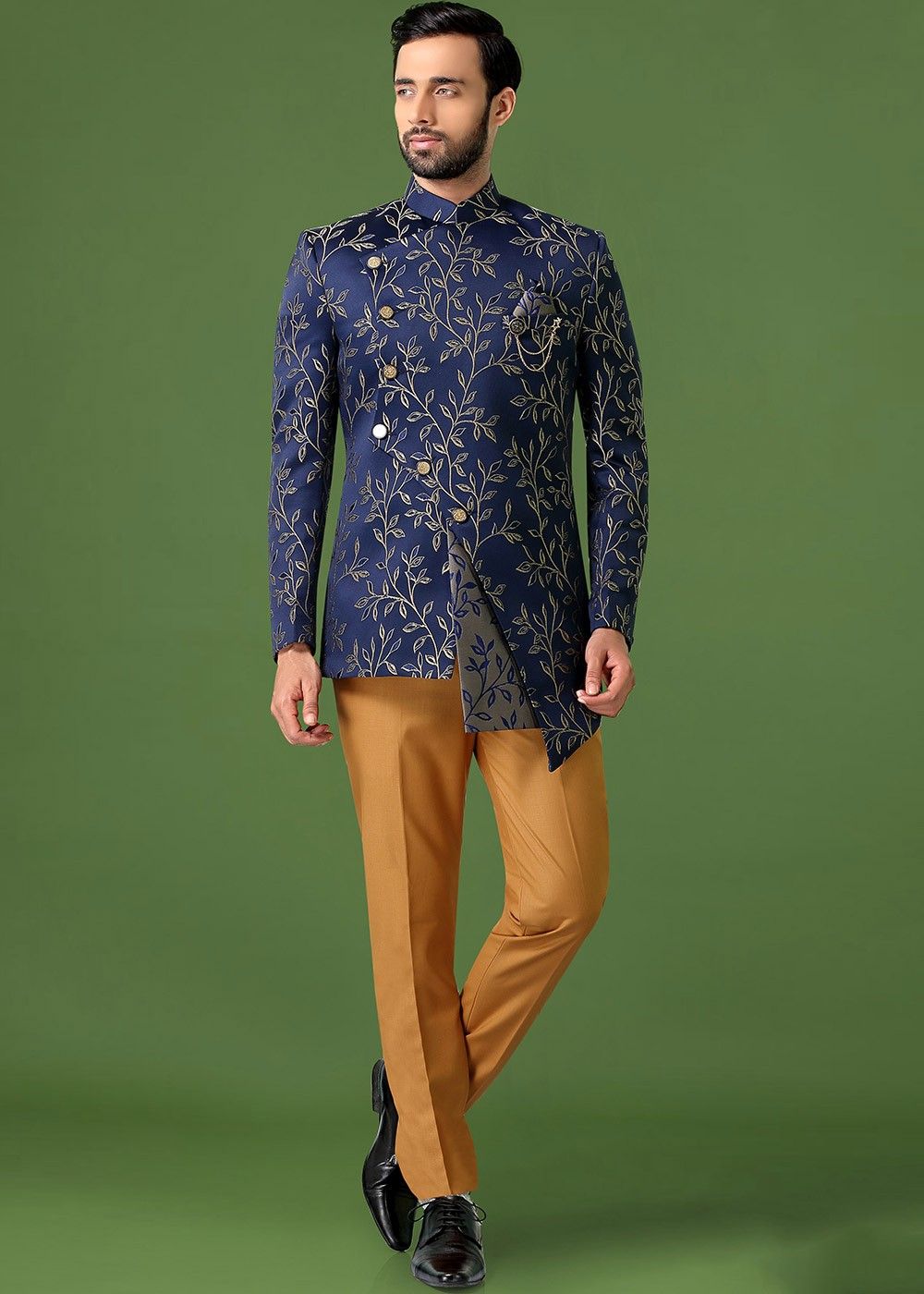Men Coral Blue Button Down Kurta With Straight Pants